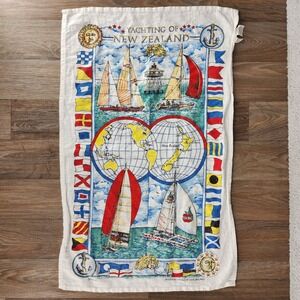 Vintage Yachting Of New Zealand Tea Towel Linen Cotton Sailing Globe Flags
